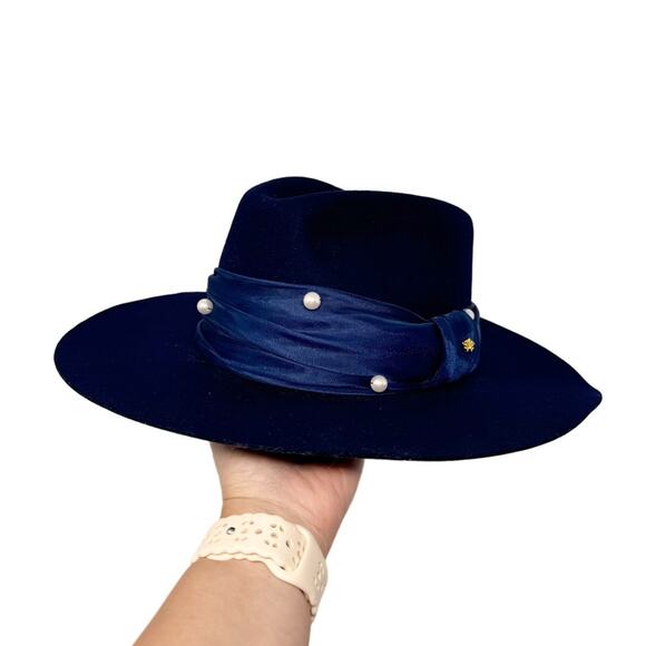 NWT Lele Sadoughi Wool Pearl Detail Navy Rancher Hat main image 9